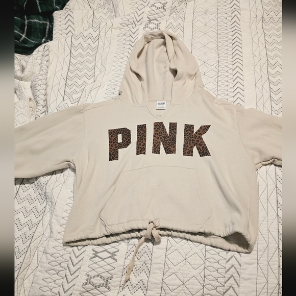 Victoria's Secret PINK cream with leopard print logo cropped hoodie Size L - Picture 5 of 6